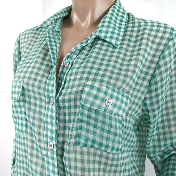 AMERICAN RAG Shirt Blouse M Green Chiffon Gingham Roll Tab Sleeves LS - Picture 3 of 6